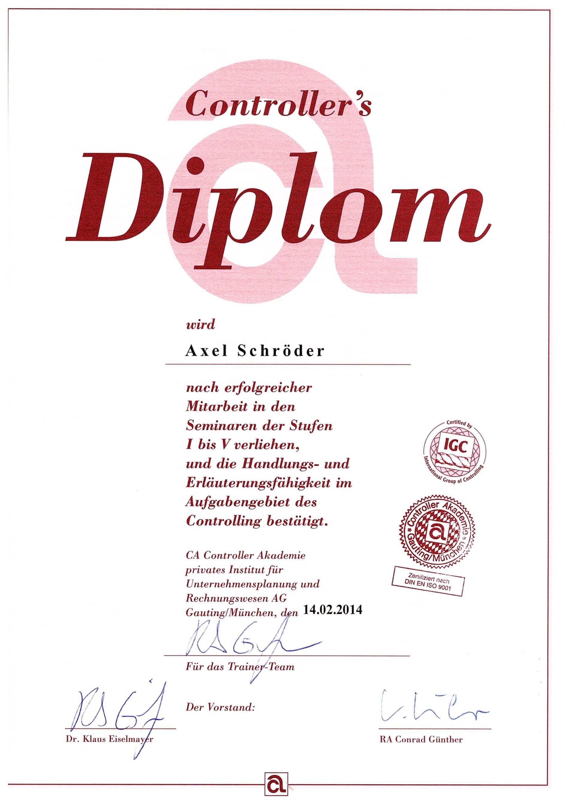Controller-Diplom für Axel Schröder